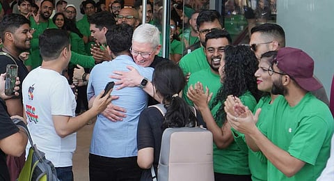 Apple CEO Tim Cook welcomes people at the opening of India's first Apple retail store at BKC, in Mumbai, Tuesday, April 18, 2023. (PTI)