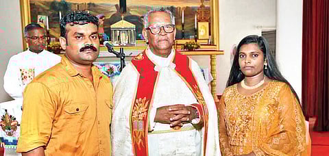 Justin John and Vijimol after their betrothal at St Xavier’s Church in Kottody, Kasaragod, on Monday