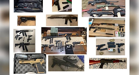 Combo of images shows firearms seized by police after arresting as many as 17 people in California in connection with a series of shootings in Gurdwaras in Stockton, Sacramento.(PTI)