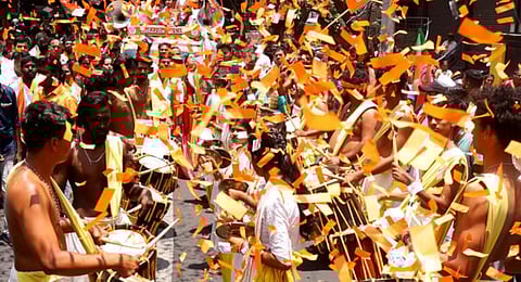 Artistes play the chenda melam during a rally by Govindaraj Nagar BJP candidate Umesh Shetty as he arrives to file his papers on Tuesdayay | Shashidhar Byrappa