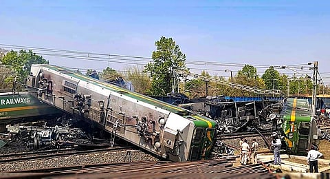 Wrecked remains of the engines after a goods train carrying coal collided with another stationary goods train near Singhpur railway station, in Shahdol on Wednesday. (Photo | PTI)
