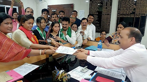 Deepali Das accompanied by BJD leaders, filing her papers. (Photo | Express)