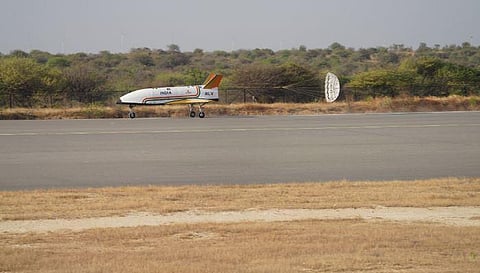 ISRO's Reusable Launch Vehicle (RLV) lands on a runway in Karnataka. (Photo | ISRO twitter)