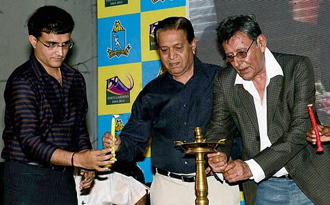 Salim Durani and Chandu Borde seen lighting the lamp with Sourav Ganguly to celebrate 150 years of Eden Gardens in Kolkata. (File | PTI)