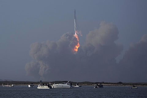 SpaceX's Starship launches from Boca Chica, Texas. The giant rocket exploded minutes after blasting off on it first test flight and crashed into the Gulf of Mexico, April 20, 2023. (Photo | AP)