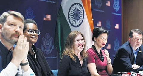 Jennifer Larson, US Consul General Hyderabad, addresses her first press conference after moving into the new facility in Hyderabad on Wednesday | Vinay Madapu