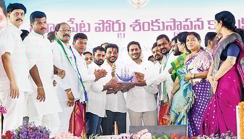 Chief Minister YS Jagan Mohan Reddy takes part in the foundation laying ceremony of Mulapeta port in Srikakulam district on Wednesday I Express