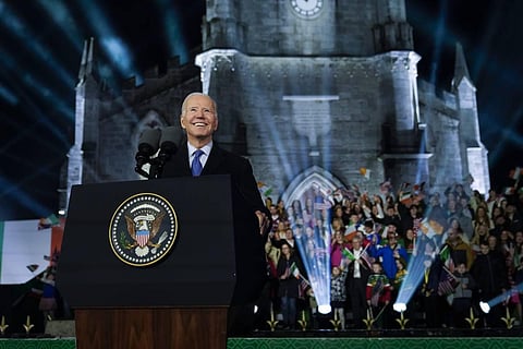 US President Joe Biden speaks outside St. Muredach's Cathedral in Ballina, Ireland, Friday, April 14, 2023. (Photo | AP)