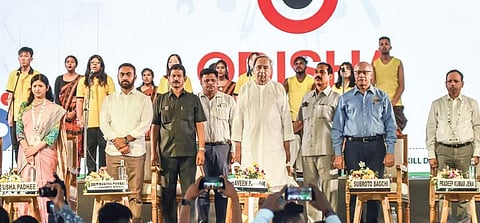 CM Naveen Patnaik and dignitaries at Odisha Skill Convlave 2023 at Kalinga Stadium in Bhubaneswar on Thursday | DEBADATTA MALLICK