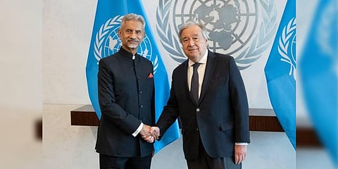 India's External Affairs Minister S Jaishankar meets with UN Secretary-General Antonio Guterres in New York. (Photo | Twitter @DrSJaishankar)