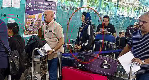 Amritpal Singh's wife Kirandeep Kaur, at the Amritsar Airport, Thursday, April 20, 2023. Kaur was stopped by immigration officials while she was trying to board a flight to London.(Photo | PTI)