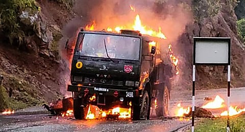An army vehicle in flames after a terror attack in Mendhar in Poonch district, Thursday, April 20, 2023. (Photo | PTI)