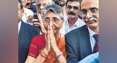 Maya Kodnani after her acquittal in the Naroda Gam case, in Ahmedabad. (Photo | PTI)