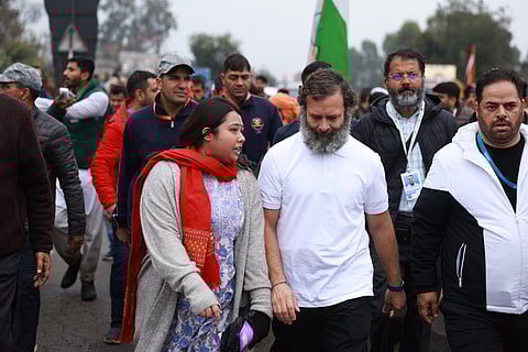 Angkita Dutta with Rahul Gandhi during the 'Bharat Jodo' yatra. (Photo | Angkita Twitter)