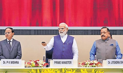 PM Narendra Modi with MoS for Personnel & Training Jitendra Singh and Principal Secretary to PM PK Mishra at the 16th Civil Services Day in New Delhi on Friday | PTI