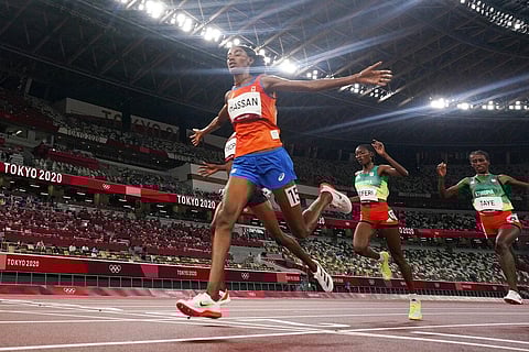 'I was born for drama': In this file image, Sifan Hassan, of the Netherlands, reacts after winning a heat in the women's 5,000-meter run at the 2020 Summer Olympics. (Photo | AP)