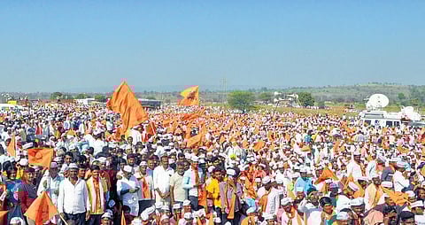 Thousands of Panchamali Lingayats stage a protest seeking 2A reservation in Belagavi. (Photo | Express)
