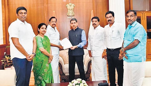 A BJP delegation met Governor RN Ravi and submitted a petition in this regard on Sunday. (Photo | Express)