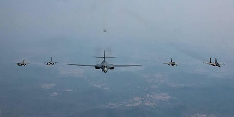 The USAF's 'Strategic Swingwing' over the old home of IAF Swing Wings. (Photo | Twitter@INDOPACOM)
