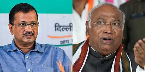 From left, Delhi Chief Minister Arvind Kejriwal and  Congress president Mallikarjun Kharge. (File Photo | PTI)