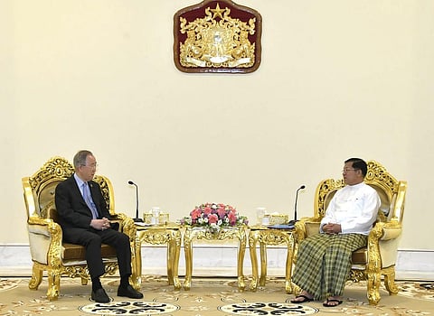 Senior Gen. Min Aung Hlaing (right) head of the military council, talks with Ban Ki Moon (left) former UN Secretary-General, during their meeting on April 24, 2023 | AP
