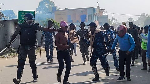 Representational image of cops controlling the situation after violent protests by locals over the death of a minor girl, in North Dinajpur district of West Bengal, on April 22, 2023. (Photo | PTI)