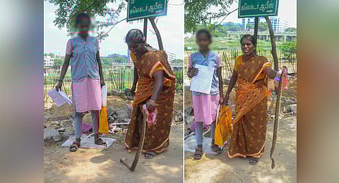 Woman, her daughter visited Tirunelveli Collectorate with dead venomous snake demanding electricity supply to her house.(Photo | V Karthikalagu, EPS)