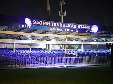 Sharjah Cricket Ground unveiled the Sachin Tendulkar stand at Sharjah Cricket Stadium on Tuesday. (Photo | Sharjah Cricket Ground Instagram)