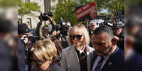 Former columnist E Jean Carroll walks into Manhattan federal court on Tuesday, April 25, 2023, in New York. (Photo | AP)