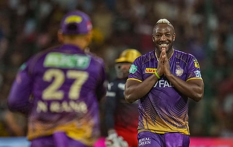 Andre Russell celebrates after taking the wicket of Wanindu Hasaranga. ( Photo | PTI )