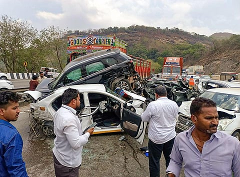 Damaged vehicles following a collision with a truck after its brake failed on the Mumbai-Pune Expressway, in Raigad district, on April 27, 2023. (Photo | PTI) 