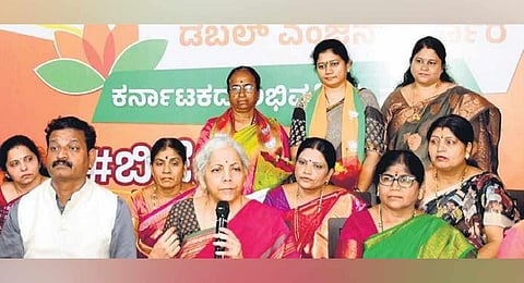 Union Finance Minister Nirmala Sitharaman addresses a press conference in Kalaburagi on Wednesday.  (Photot | Express)