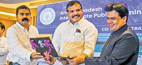 Ministers for education Botcha Satyanarayana releasing Intermediate exam results in Vijayawada on Wednesday. (Photo I Prasant Madugula, EPS)