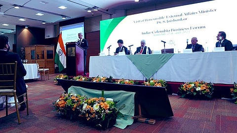 EAM S Jaishankar addressing the India-Colombia Business Forum in Colombia's capital on Thursday. (Photo | Twitter)