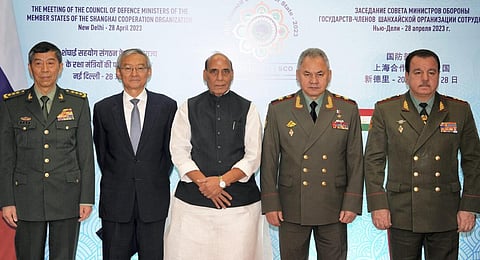 Defence Minister Rajnath Singh with Defence Ministers of Shanghai Cooperation Organisation (SCO) member nations during the SCO Defence Ministers Meeting.(Photo | PTI)