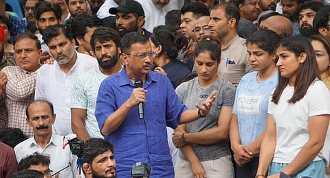 Delhi CM Arvind Kejriwal speaks at the Wrestlers protest at Jantar Mantar.(Photo | Express)