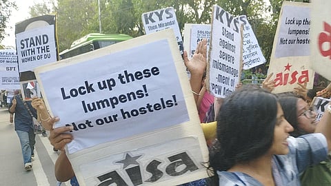 Students at DU's Indraprastha College for Women protest against the harassment of girl students during a fest last week. (Photo | AISA - Delhi University Twitter)
