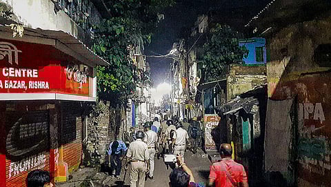 Police deployed in large numbers after a clash broke out between two groups during Ram Navami procession, in Hooghly district, Sunday evening, April 2, 2023. (Photo | PTI)