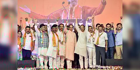 Shiv Sena (UBT) leader Uddhav Thackeray, Aaditya Thackeray with NCP leaders Ajit Pawar and Jayant Patil, Congress leader Ashok Chavan and other MVA leaders during a public rally. (Photo | PTI)