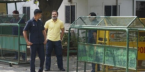 Congress leader Rahul Gandhi outside his residence in New Delhi (Photo | PTI)