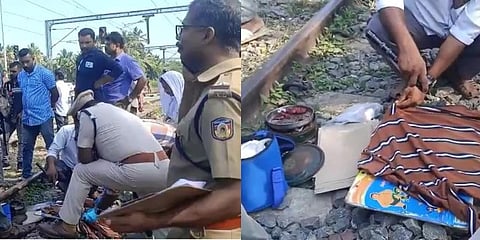 Police examining the materials recovered from the bag, which the suspect discarded after the attack on the passengers on the train near Elathur in Kozhikode 