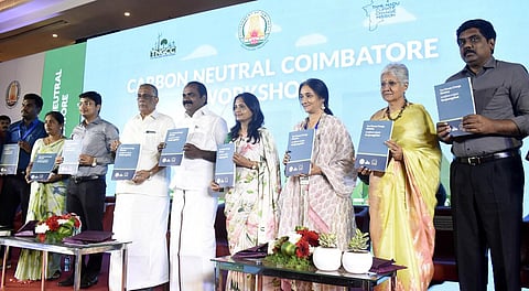 TN Minister for Environment and Climate Change Siva V Meyyanathan launching the 'Carbon neutral Coimbatore' project in Coimbatore on Saturday