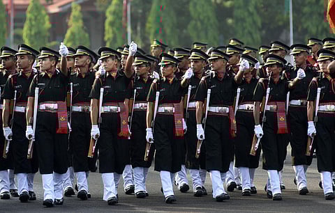 A spectacular military parade at the Parameshwaran Drill Square of the Officers Training Academy marked the passing out ceremony of Short Service Commissioned Officers of men and women. (Photo | Ashwin Prasath, EPS)