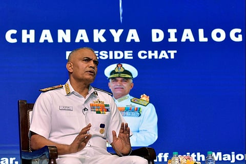 India's Chief of the Naval Staff Admiral R Hari Kumar speaks at the Chanakya Dialogues in New Delhi on Saturday. (Photo | ANI )