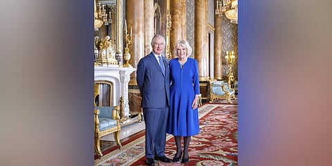 Britain's King Charles III and Camilla, Queen Consort pose for a photograph, in the Blue Drawing Room at Buckingham Palace, London. (Photo | AP)