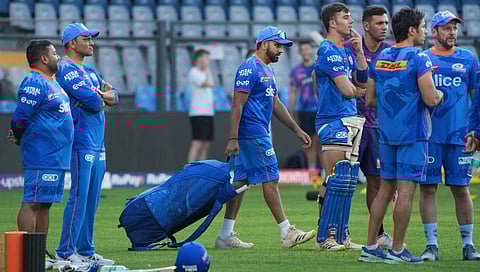 Mumbai Indians players during a practice session ahead of the IPL match against Rajasthan Royals, in Mumbai,  April 29, 2023. (Photo | PTI)