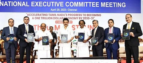 Chief Minister M K Stalin at the national executive meeting of FICCI. (Photo | Twitter)