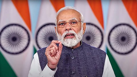 Prime Minister Narendra Modi virtually addresses at the international conference on 'Disaster Resilient Infrastructure', on Tuesday, April 4, 2023. (Photo | PTI)