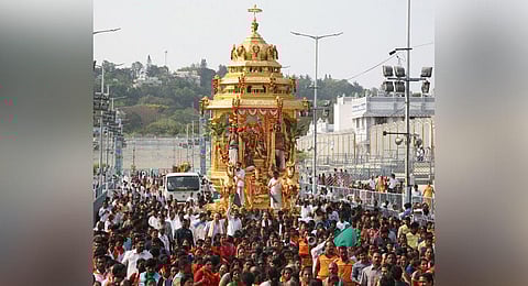 Lord Malayappa Swamy riding Swarna Ratham as part of Vasanthotsavam at Tirumala. (File | EPS)
