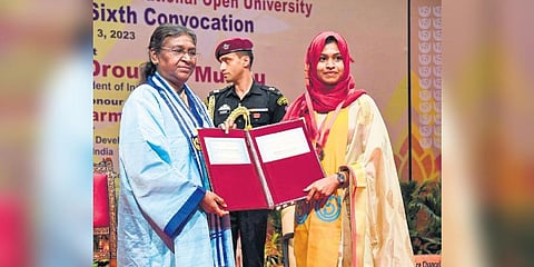 President Droupadi Murmu awards a degree to a student during the 36th convocation of IGNOU in New Delhi on Monday | PTI